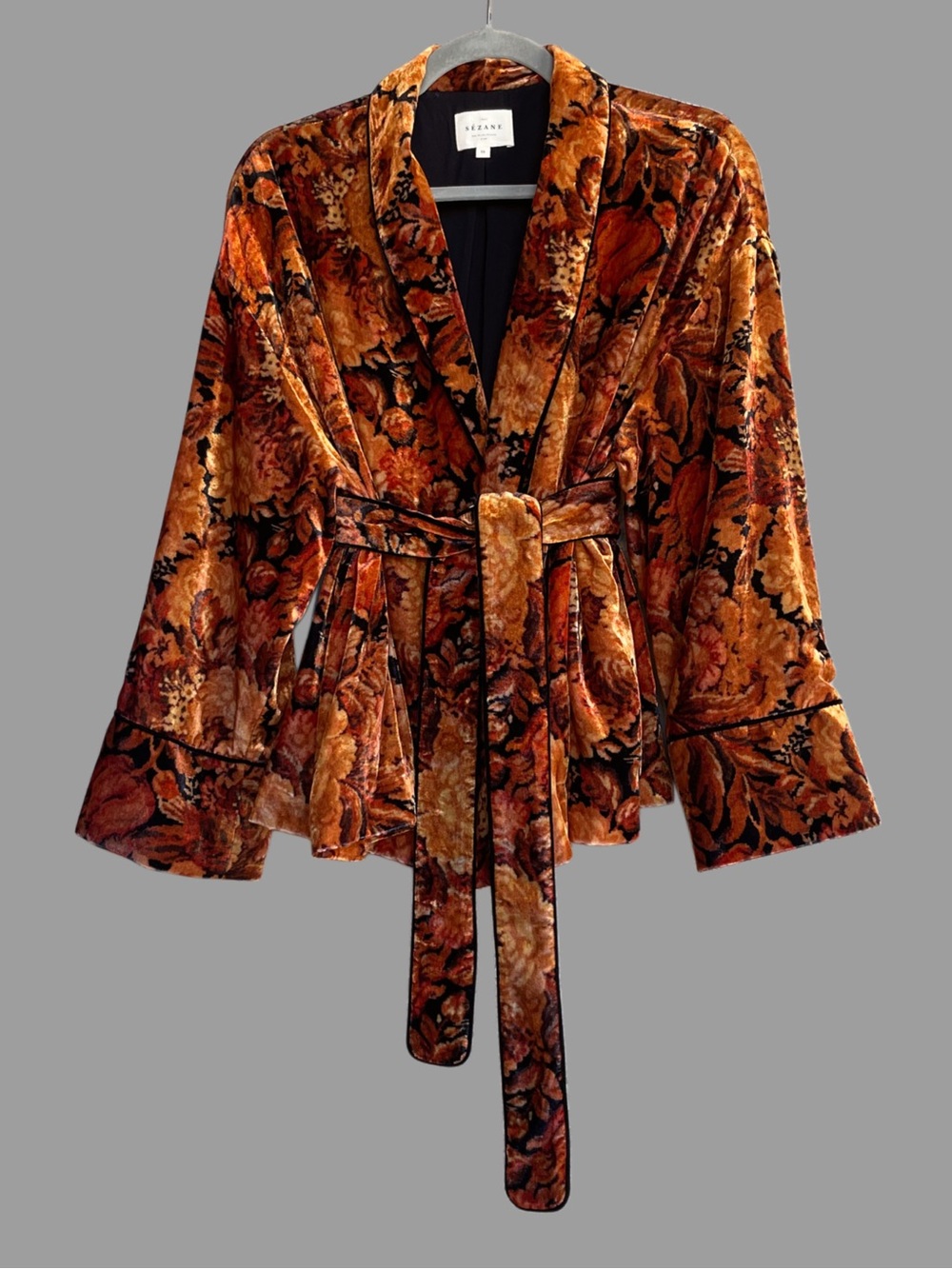 SEZANE Orange & Black Fall Floral Belted Velvet Lapels Blazer Gwendal Jacket